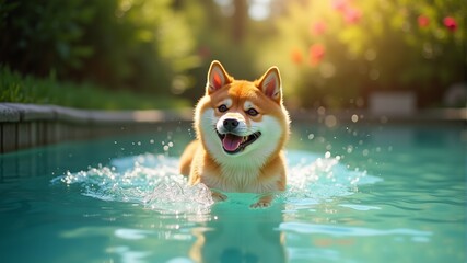 Poster - a dog that is in the water with the sun shining through the trees.