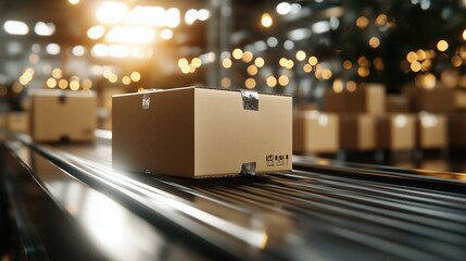 Wall Mural - efficient logistics and automation: cardboard boxes on conveyor belt for streamlined order processin