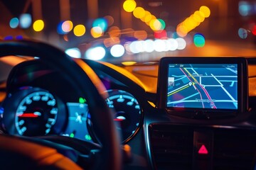 Leinwandbilder - A futuristic car dashboard displaying a GPS navigation map, highlighting advanced automotive technology and smart driving interface for route guidance