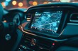 © Ben - A futuristic car dashboard displaying a GPS navigation map, highlighting advanced automotive technology and smart driving interface for route guidance