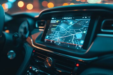 Leinwandbilder - A futuristic car dashboard displaying a GPS navigation map, highlighting advanced automotive technology and smart driving interface for route guidance