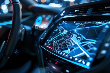 Leinwandbilder - A futuristic car dashboard displaying a GPS navigation map, highlighting advanced automotive technology and smart driving interface for route guidance