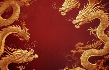 A luxurious background with golden Chinese dragon motifs swirling against a deep red backdrop, symbolizing wealth and prosperity