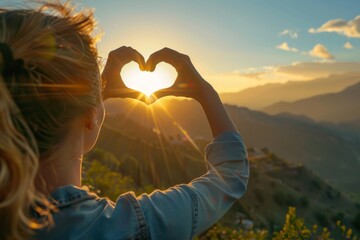 At sunset behind mountains, a person makes a heart shape with hands, creating an image suitable for relaxation, holidays, and nature appreciation. It aligns with themes of recreation and enjoyment