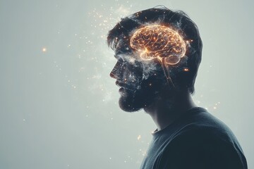 Wall Mural - Man with illuminated brain hologram symbolizing deep thought cognition and the fusion of technology and human intellect in the modern world