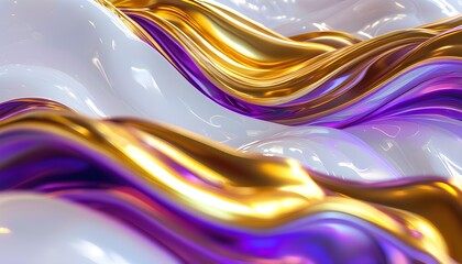 Wall Mural - Dynamic Metallic Waves in Golden and Purple with Shimmering Reflective Surfaces