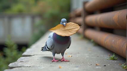 Wall Mural - a pigeon with a leaf in its beak stands on a concrete surface.