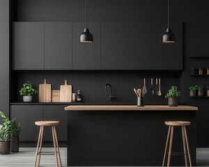 Wall Mural - Minimalist kitchen with matte grey cabinets, light wooden accents, and sleek countertops, modern design, minimalist kitchen