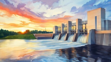 Sticker - A hydropower station at sunset by a serene river