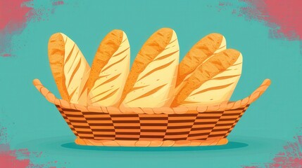 Baguette Delight, a beautifully crafted flat design illustration showcasing a traditional baguette nestled in an elegant bread basket, perfect for culinary-themed projects.