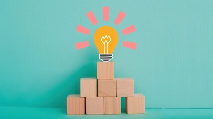 Wooden blocks forming a creative structure, bright lightbulb symbolizing innovation, minimalistic flat design, vibrant colors enhancing the modern concept of ideas and creativity