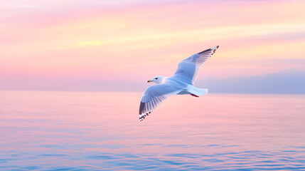 Wall Mural - seagull flying at sunset over calm water - pink sky and ocean landscape - dreamy background, nature,