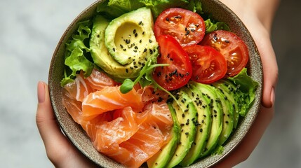 Wall Mural - Healthy Young woman holding Salted salmon salad bowl with fresh green lettuce,smoked salmon,tomato,Ketogenic,diet lunch bowl,enjoy eat clean vegetables after exercise,Healthy food concept.