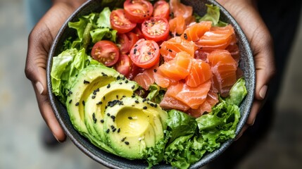 Wall Mural - Healthy Young woman holding Salted salmon salad bowl with fresh green lettuce,smoked salmon,tomato,Ketogenic,diet lunch bowl,enjoy eat clean vegetables after exercise,Healthy food concept.