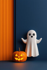 A playful ghost decoration beside a carved pumpkin, perfect for Halloween festivities and autumn celebrations.