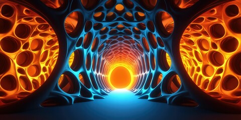 Poster - Abstract tunnel with glowing orange and blue patterns.