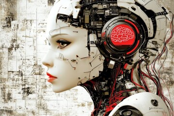 Poster - White robotic woman with exposed circuitry in her skull symbolizing the fusion of human biology and advanced robotics in the era of artificial intelligence