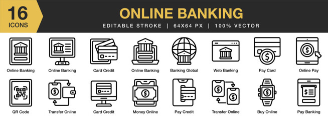 Wall Mural - Online Banking icon set. Editable Stroke Icon Collection. Includes payment, card, qr code, transfer, web banking,, and More. Outline icons vector collection.