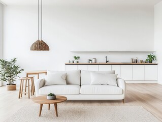 Cozy minimalist living room with a white sofa, open layout, and a view of the kitchen in the background, open-concept living, minimalist design