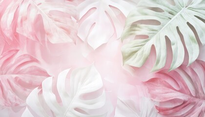 Pastel pink and green tropical leaves arranged in a soft, dreamy background.  Perfect for wedding, feminine, or spring themes.