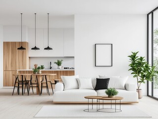 cozy minimalist living room with a white sofa, open layout, and a view of the kitchen in the backgro