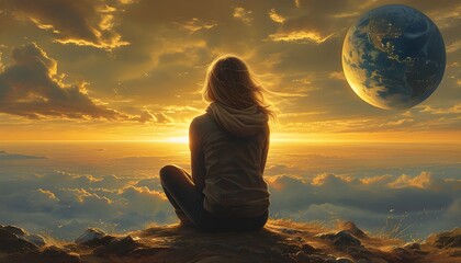 Contemplative Woman Staring at Distant Earth-Like Planet Under a Golden Sunset in a Surreal Dreamy Landscape