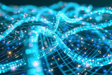 Poster - Abstract digital network with flowing blue lines and glowing light, representing futuristic technology, data communication, and cyber connections