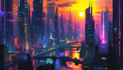 Wall Mural - Futuristic cyberpunk cityscape at sunset featuring high-tech skyscrapers and vibrant neon lights in a dystopian urban environment