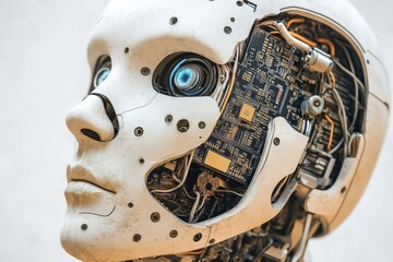 Canvas Print - Robotic face with half exposed mechanical components symbolizing the fusion of human and machine intelligence in the future of robotics