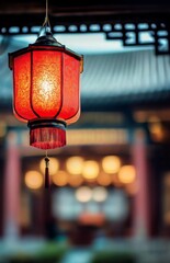 A glowing red Chinese hanging lantern in sharp focus, with a blurred temple backdrop