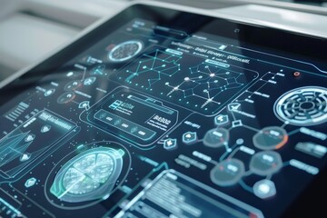 Leinwandbilder - Tablet screen displaying complex technical diagrams and data visualizations, representing modern business technology and digital communication in data analysis and presentation.