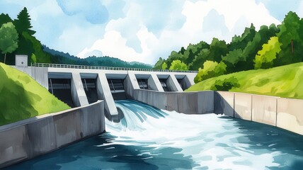 Sticker - A hydropower dam on a flowing river, surrounded by lush green forest