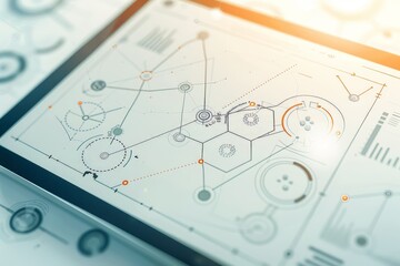 Leinwandbilder - Tablet screen displaying complex technical diagrams and data visualizations, representing modern business technology and digital communication in data analysis and presentation.