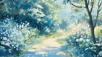 Wall Mural - A Sunlit Path Through a Lush Forest with White and Pink Blossoms