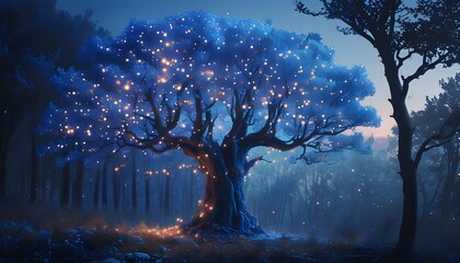 Wall Mural - Twilight Enchantment: Mystical Fairy Tree Glowing in a Sparkling Forest, a Fantasy Wonderland of Blue Hues and Magical Nature