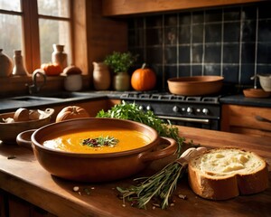 Cozy Kitchen with Pumpkin Soup and Bread