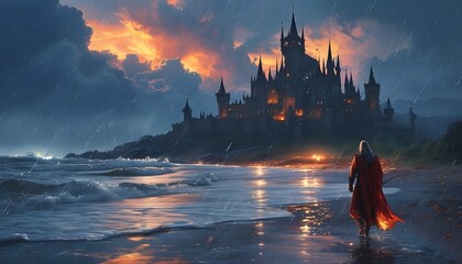 Wall Mural - Majestic king strides along rainy beach, fantasy castle looming in stormy twilight backdrop