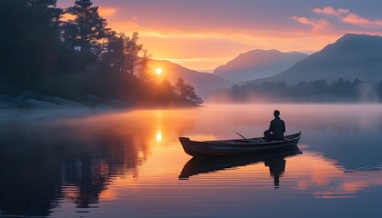 Wall Mural - Contemplative Solitude on Misty Lake at Sunrise, Embracing Natures Tranquility in a Reflective Mood