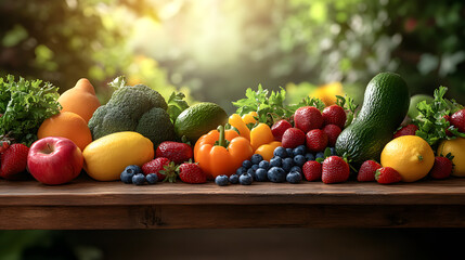 Wall Mural - Close-up of vibrant freshfruits and vegetablesarranged in a balancedlayout on a wooden tablesymbolizing healthy gutnutrition and natural
wellness.