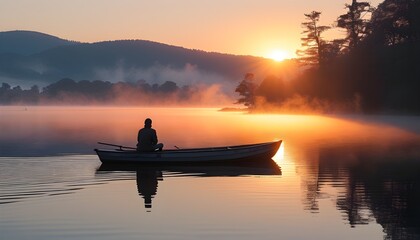 Wall Mural - Contemplative Solitude on Misty Lake at Sunrise, Embracing Natures Tranquility in a Reflective Mood