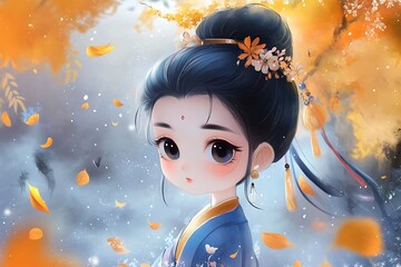 Wall Mural - Beautiful little chinese girl in autumn park.