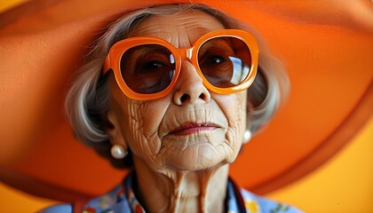 Canvas Print - Elderly woman radiating confidence in large orange sunglasses and vibrant hat, set against a lively backdrop