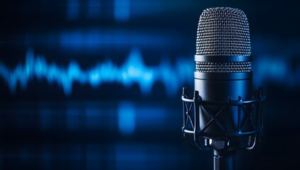 Microphone with sound waves in the background, podcasting and audio recording work on a blue digital backdrop.