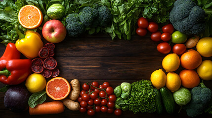 Wall Mural - Close-up of vibrant freshfruits and vegetablesarranged in a balancedlayout on a wooden tablesymbolizing healthy gutnutrition and natural
wellness.