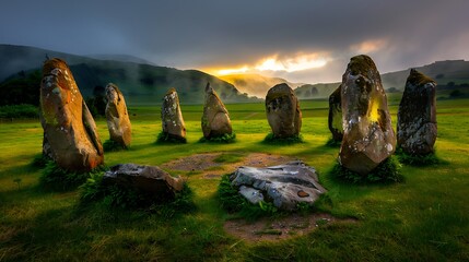 mystical irish countryside, ancient stone circle, misty morning the stone circle stands amidst the rolling green hills in the morning mist. 