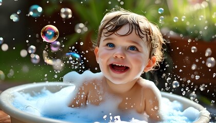 Joyful baby with sparkling blue eyes reveling in a bubble bath, surrounded by fluffy bubbles, splashing water and beaming with delight.