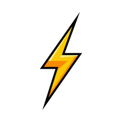 Lightning icon. Yellow lightning bolt with black outline is striking down to the right. Vector illustration