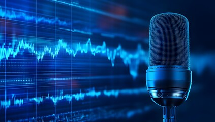 Microphone with sound waves in the background, podcasting and audio recording work on a blue digital backdrop.