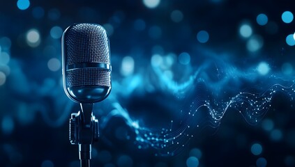 Microphone with sound waves in the background, representing podcasting and audio recording work on a blue digital backdrop. Web banner with copy space on the right side. 