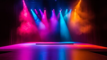 A multicolored, contemporary stage setup featuring vibrant lighting effects and smooth gradients, with plenty of space for copy.